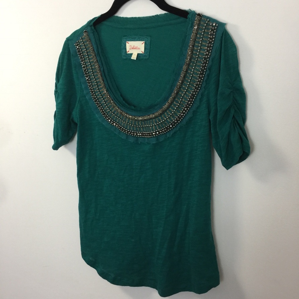 Deletta Teal Beaded Neck Short Sleeve Blouse Top - Picture 2 of 8